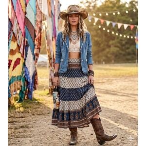 Jeanology Blue Denim Rhinestone Embellished‎ Blazer Jacket cowgirl festival boho